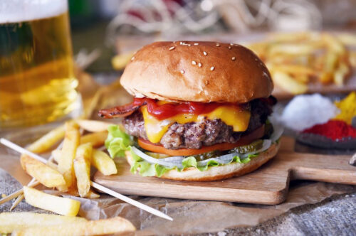 cheeseburger, french fries and beer