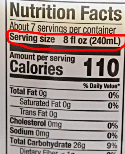Nutrition facts label with serving size circled